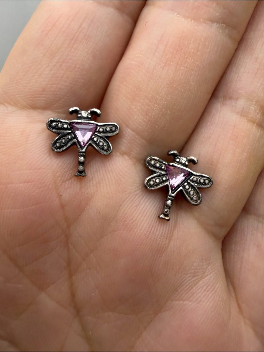 Dragonfly Stud Earrings with Pink Crystal Accent